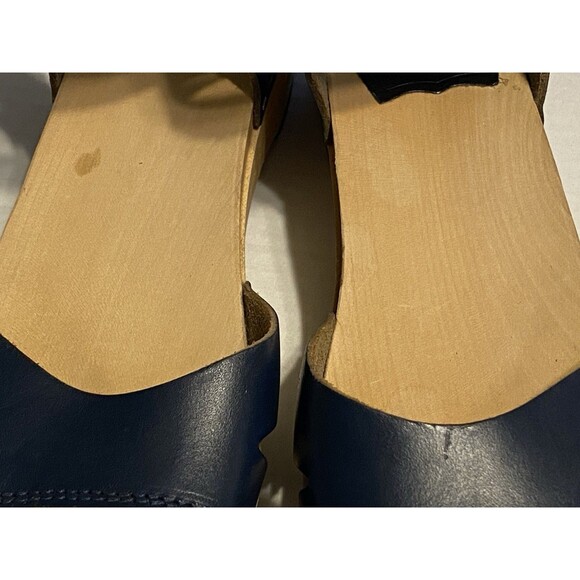 Swedish Hasbeens Peep Toe Clogs Sandals Women's Sz 39 Leather 8.5/9 Navy Blue - Picture 16 of 16